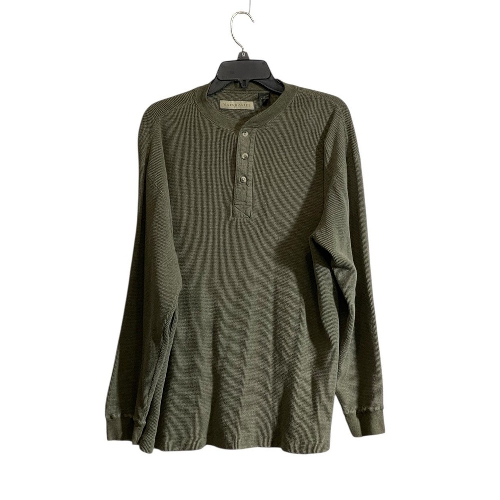Natural Life Men Med Waffle Knit Thermal Henley Shirt Green Gorp Outdoor Hiking